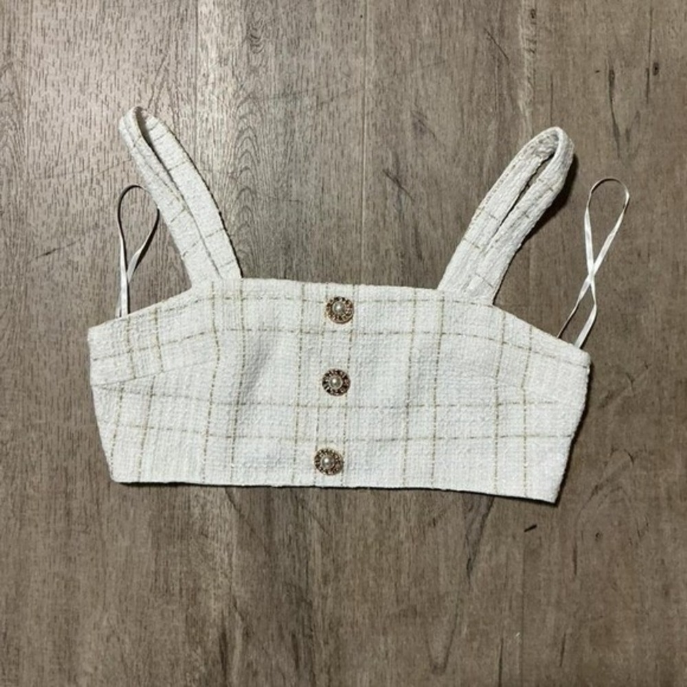 MM White Gold‎ Plaid Corset Crop Top Pearl Buttons Cottagecore Coquette
